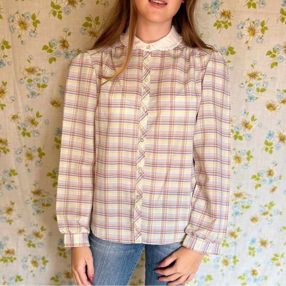 Vintage plaid button up shirt with ruffled collar